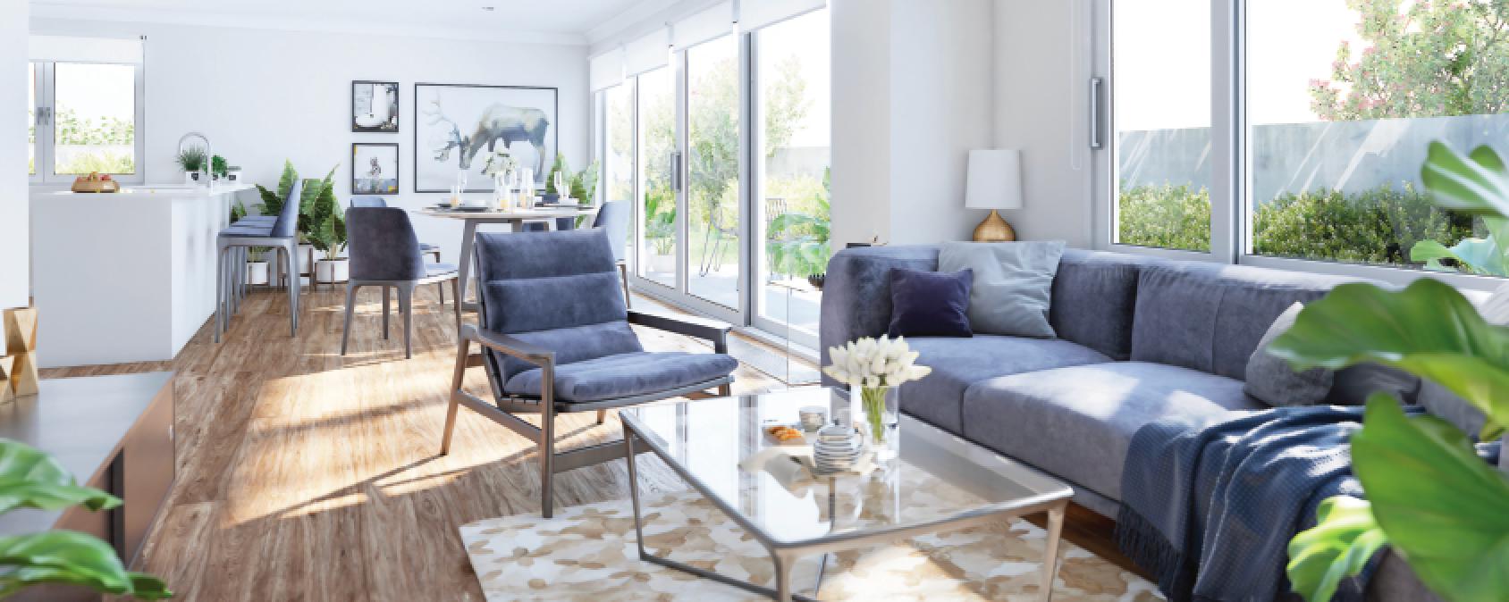 The open-plan living area of a two-bedroom villa